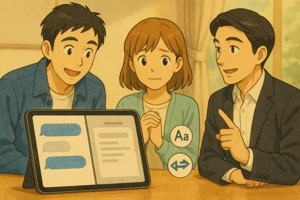 画面手前にはiPadの分割表示画面（左：ChatGPTのチャット画面、右：メールのドラフト画面）が表示され、「Aa（辞書）」と「フロー矢印（ショートカット）」のアイコンが小さく重なって表示されています。その奥には、ひろとが「なるほど」と言っている様子、陽菜が安堵の表情で微笑んでいる様子、たけるが落ち着いて説明している様子が写っています。