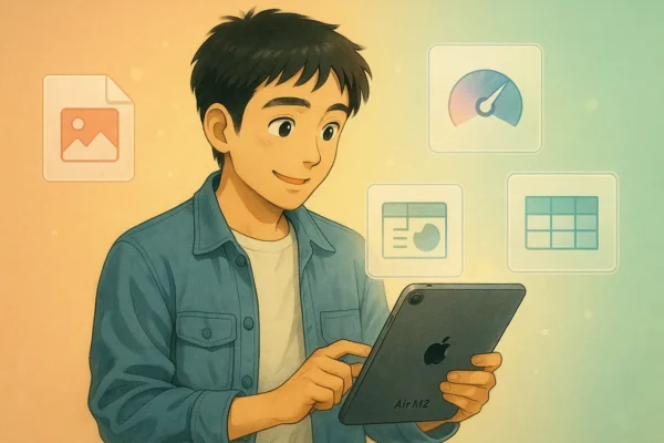 iPad Air M2を使うヒロトの周りにPDF・画像・表・速度の機能カードが浮かび、Plusの強みを示す