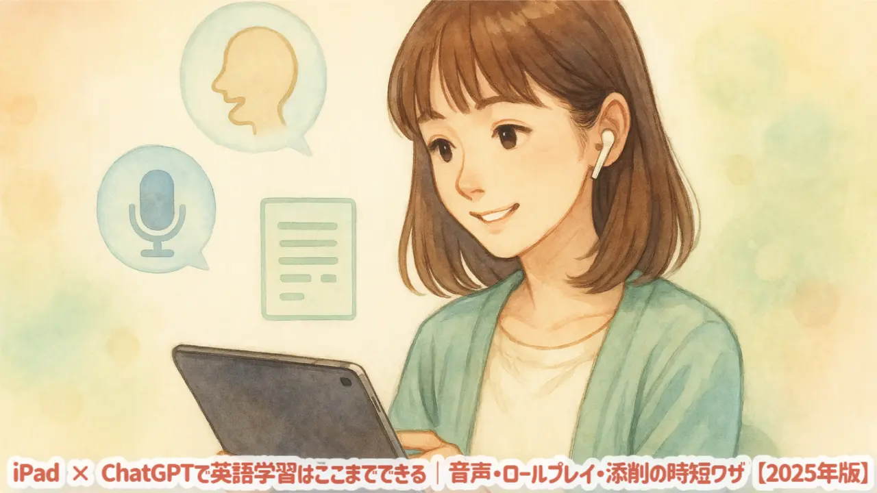 iPadでChatGPTを使い、発音と会話を練習する陽菜のイラスト