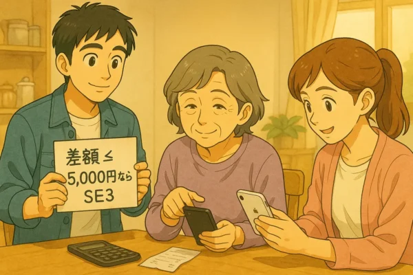 ヒロトが手書き風の紙カードに「差額 ≤ 5,000円なら SE3」と表示しています。優子と結衣がテーブルの上で2台の携帯電話、電卓、レシートを見比べています。