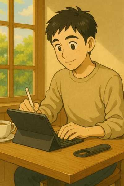 カフェのテーブルでiPad+薄型外付けkbd+Pencil、軽装。