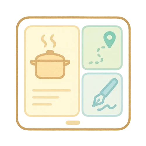 レシピ・地図・手書きメモを3分割で表示した抽象UIのデフォルメイラスト。