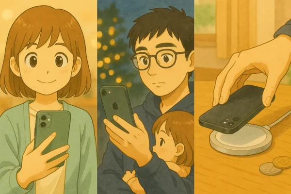 持つ・撮る・充電の3シーンを横並びで示すトリプティック