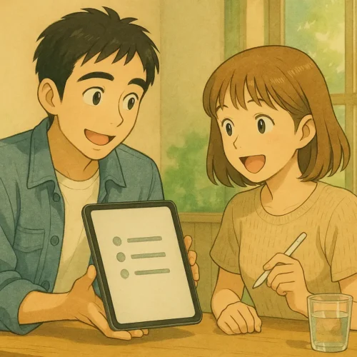 昼休みのテーブルで、ひろとがiPad Proを使って会議メモを要点3つに整理する様子を陽菜に説明しているイラスト。Apple Intelligenceで日常の作業を時短するイメージ。