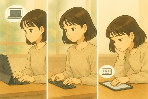 3コマ構成で、同じ机・同じ人・違う角度。
①Magic Keyboardでまっすぐ姿勢(PCライク)
②外付けkbdでやや俯き(中間姿勢)
③ソフトキー入力でやや前傾・肘つき(リラックス姿勢)