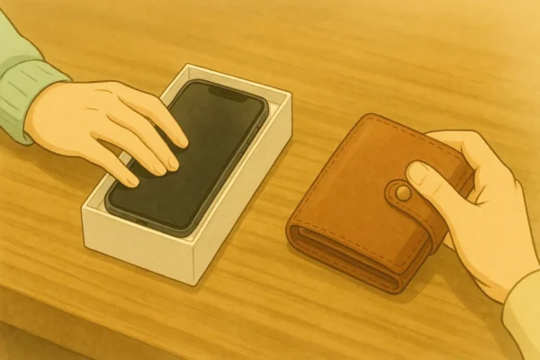 スマホを箱に戻す手と閉じられる財布
