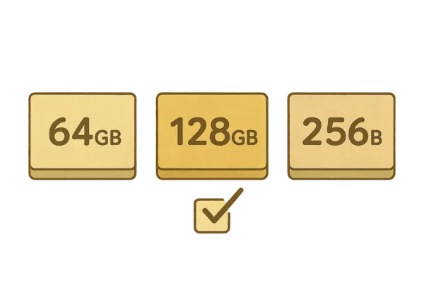 64/128/256の選択ボックス。128GBにチェック