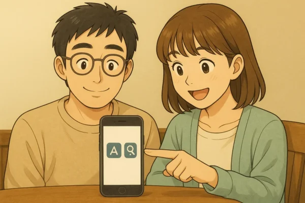 設定の文字サイズと表示拡大アイコンを指さす陽菜と頷くさとし