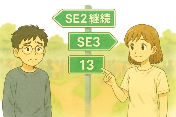 分岐点にある3つの道路標識：「SE2 継続」、「SE3」、「13」。