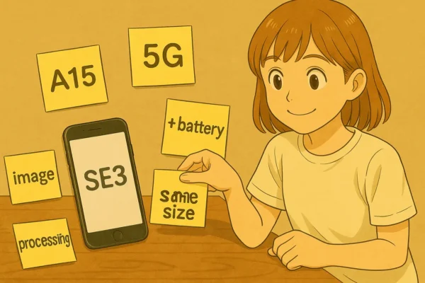 「SE3」の携帯カード、付箋には「A15」「5G」「バッテリー+」「画像処理」「同じサイズ」とスペックが記載。