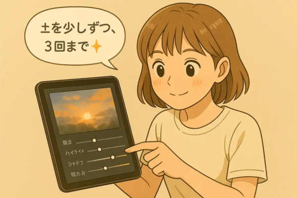 編集アプリ画面でスライダーを動かしている様子。