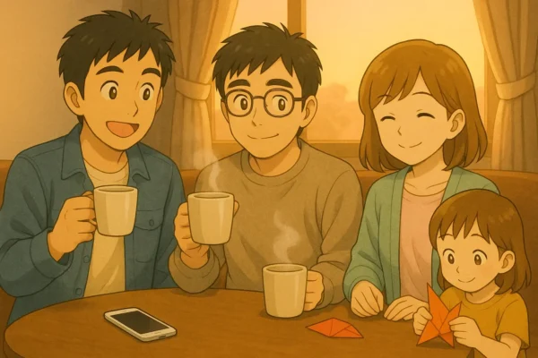夕方のリビングでSE3と折り紙の芽依、湯気の立つマグが並ぶ
