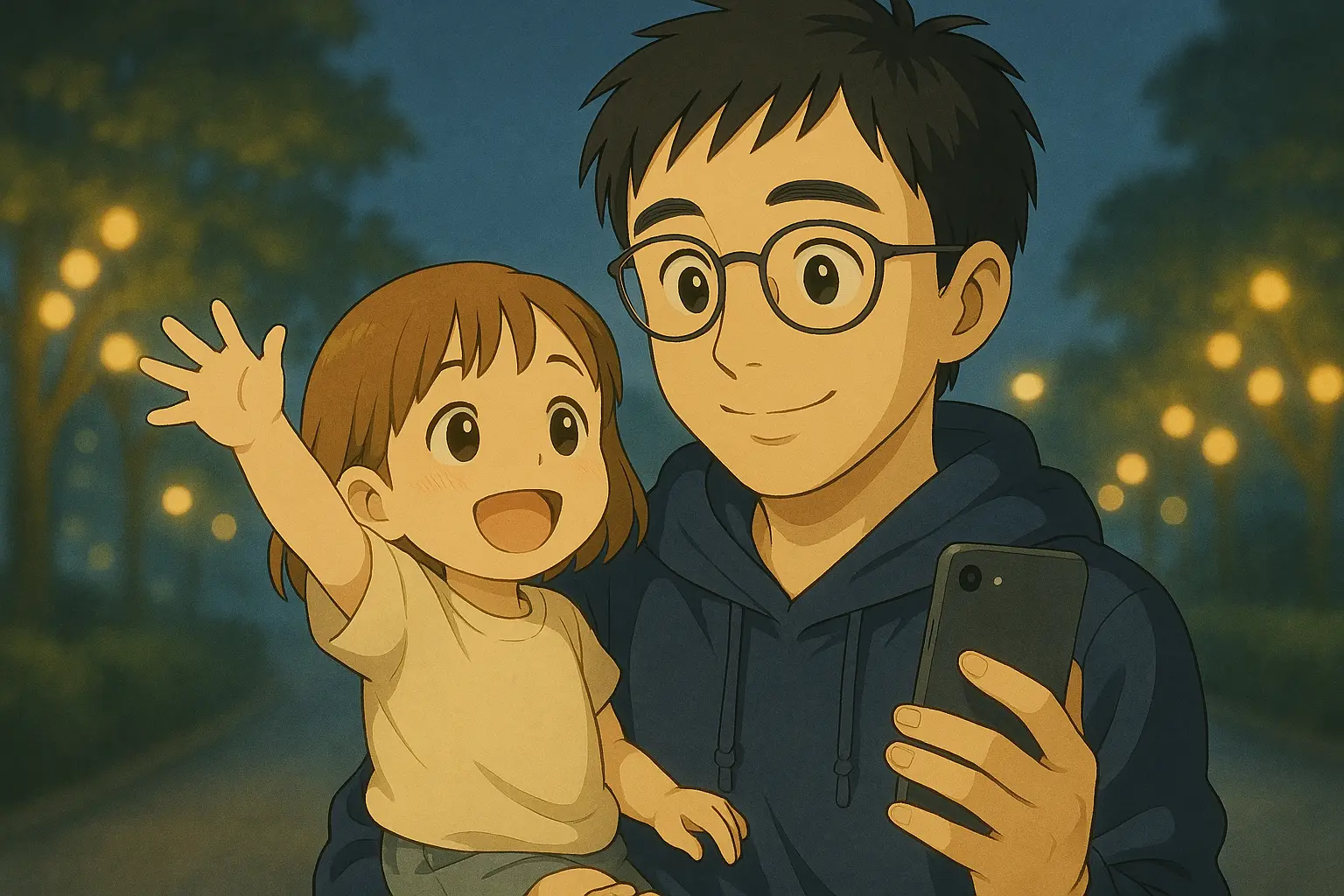 薄暮のイルミの下で片手で撮る親子の姿