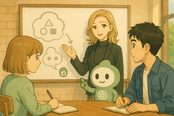 ChatGPTくんがホワイトボードでモデル図を説明。 彩花が講師役(ホワイトボードの前)で、「ここが5と4-turboの違いです」と指し示す。
陽菜とひろとがノートを取っている。