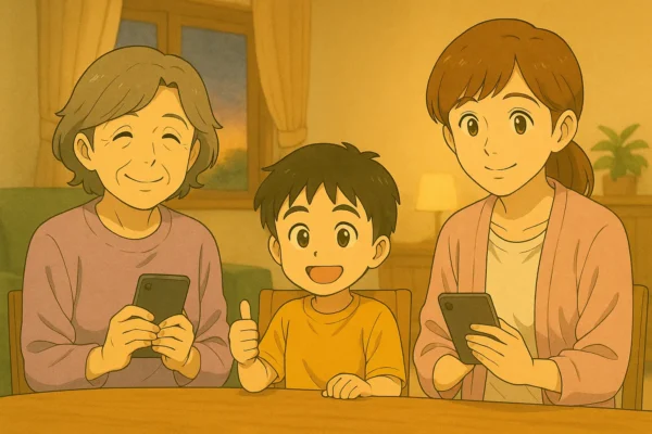 優子と結衣がくつろぎ、手前のテーブル越しに颯真がにっこり。夕方のリビングで穏やかな締めの一幕。