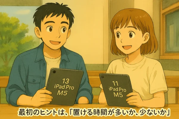 「置ける時間が多い」→ 13寄り(テーブル+iPad+小さな時計アイコン)  「動きながら触る」→ 11寄り(片手iPad+足跡アイコン)