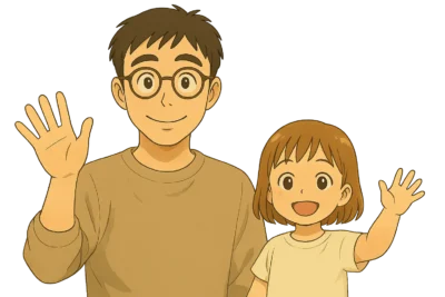 さとしと芽依が、読者に感謝の手を振っている