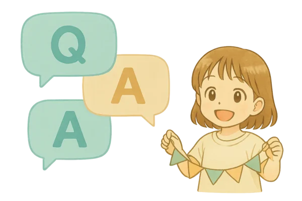 吹き出しデザインのQ&Aカードとガーランドを持つ芽依