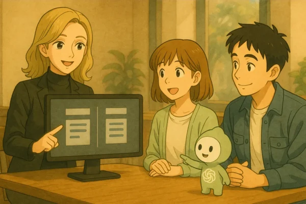 彩花が中央のモニターを指して「ここが違うの」と説明。 陽菜が「へえ〜」と感心、ひろとが「意外と知らなかった」と納得顔。 ChatGPTくんが小さく「図表はこちら!」と吹き出し(情報ナビ役)。