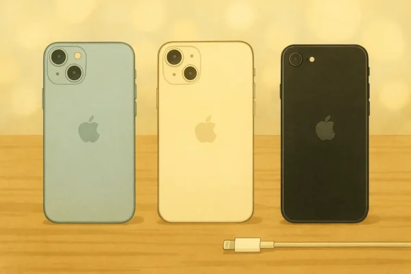 3台のスマホ背面とLightningケーブルを置いた比較