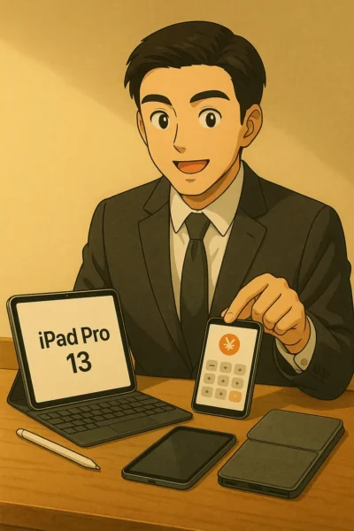 机に本体・Pencil・KB・ケースを並べ、たけるが電卓アプリを見せる。