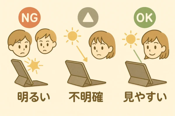 角度によって明るさと見やすさが変わる。