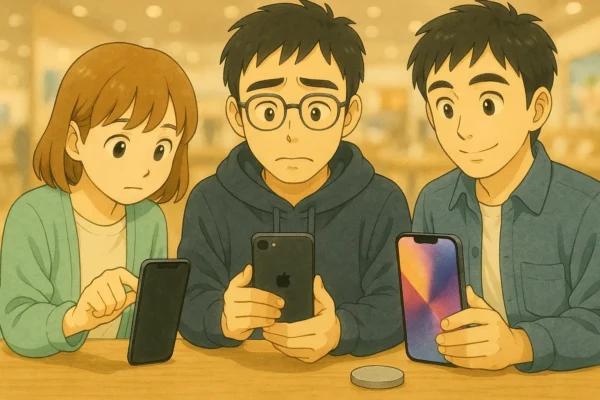 店頭で14/Plus/Proを持ちくらべる3人