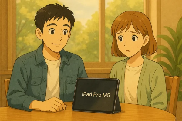 iPad miniで困惑する陽菜と、iPad Pro M5で横並び作業するひろと｜携帯性と作業効率の違い