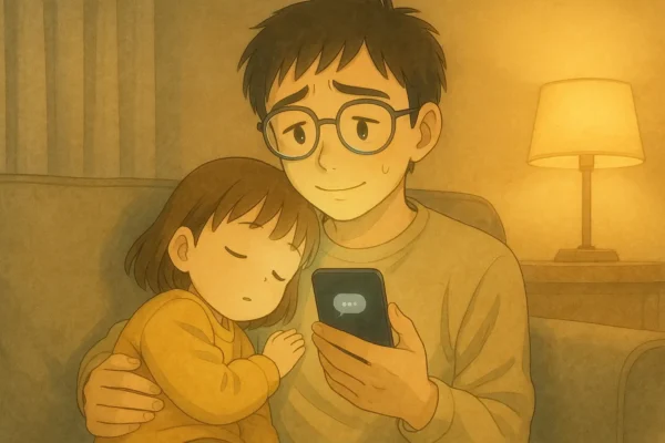メッセージを見つめて小さく笑うさとし。腕の中で眠る芽依。