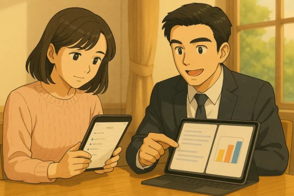 たける：Pro 11で2アプリ横並びを指差し、まなみ：miniを拡大表示で覗き込む。