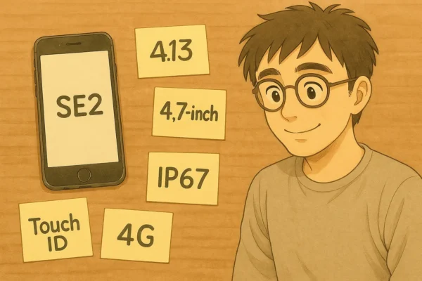 木製の机の上に置かれたシンプルなインフォグラフィック。「SE2」と書かれた小さなスマートフォンが1台。周囲には「A13」「4.7インチ」「Touch ID」「IP67」「4G」と書かれた付箋が貼られている。サトシ（丸眼鏡）が読書をしながらうなずいている。