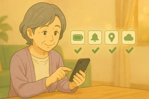 バッテリー、通知、位置情報、iCloud写真のアイコンが書かれたチェックリスト用紙。**Yuko** が小さなスマホで設定を切り替えている様子。優しくチェックマークが付けられている。