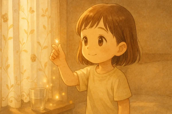 芽依、指先で光をつまむふり。