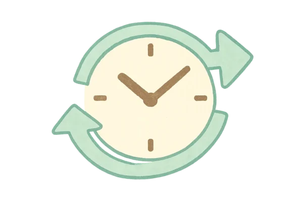 時計をまたいで渡る2本の矢印のピクト