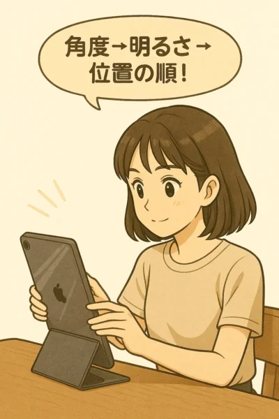 角度を調整している様子(画面を少し傾ける動作)。