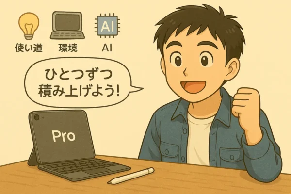 机の上にiPadとアクセサリが並び、ひろとが「順に使っていけば大丈夫」と励ます。