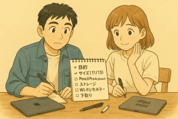 ふたりがメモ帳に「目的 / サイズ / Pencil / 下取り」書き出し