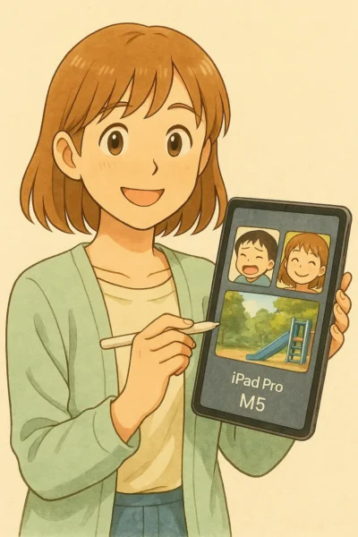 休日に陽菜がiPad Pro M5で撮影した写真を整理し、Apple Pencilでベストショットを選んでいる水彩風イラスト。優しい表情と柔らかな色合いが特徴。