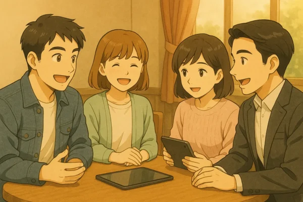 4人がiPadの話題で盛り上がるシーン