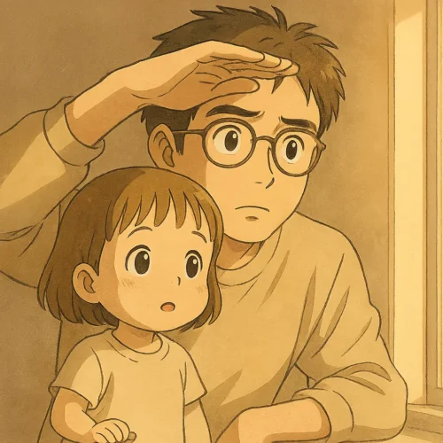 窓辺の逆光で、レンズ上に手の“ひさし”を作る父と、輪郭に光が入る子ども