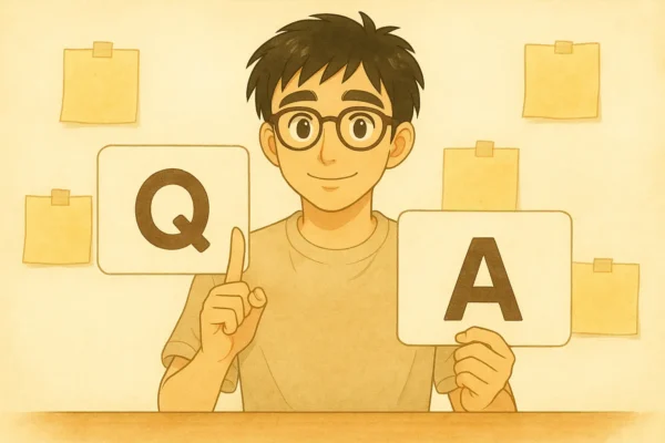 さとしが机に肘をつき、大きな吹き出しカードに「Q」「A」の丸アイコン。