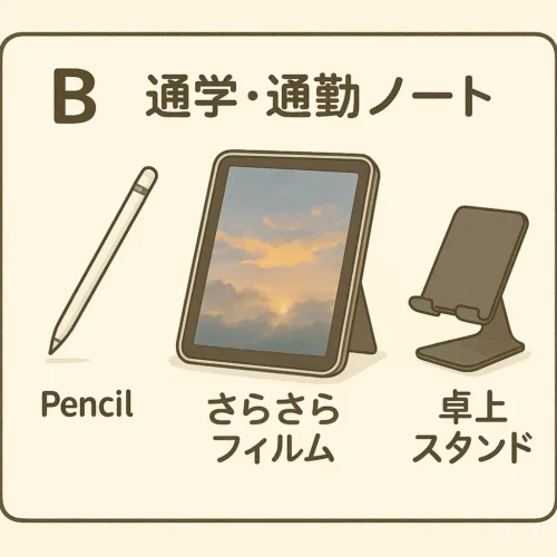 通学・通勤ノート:Pencil、さらさらフィルム、卓上スタンド