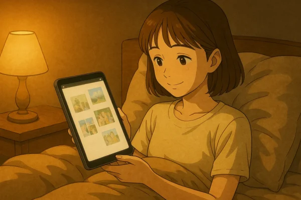 夜の寝室で、陽菜がiPad Proを使って写真を自動分類し、家族アルバムとして整理している様子のイラスト。暖かい照明の中で、Apple Intelligenceが写真整理をサポートするイメージ。