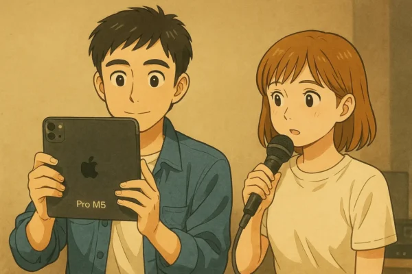 ひろとがカメラを構え、陽菜がマイクで録音テスト