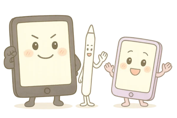 Pro M5くん（ダークグレーで頼もしさ）、中央がPencilくん、右がminiくん（パステル寄りで軽やか）