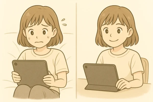 膝の上と机の上、2つの場面を対比して見せる。