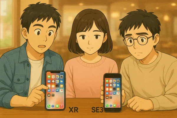 カフェでXRとSE3の画面を見比べるひろと・まなみ・さとし