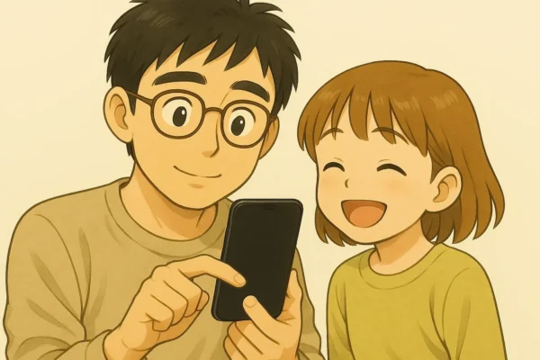 SE3のホームボタンを押すさとしと笑顔の芽依