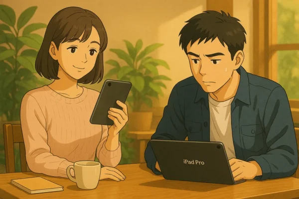 「長時間作業しても疲れにくいmini」を“体感的”に見せる。
まなみがminiを軽く持ち上げて、ひろとがProを使いながら少し姿勢を直すような対比。