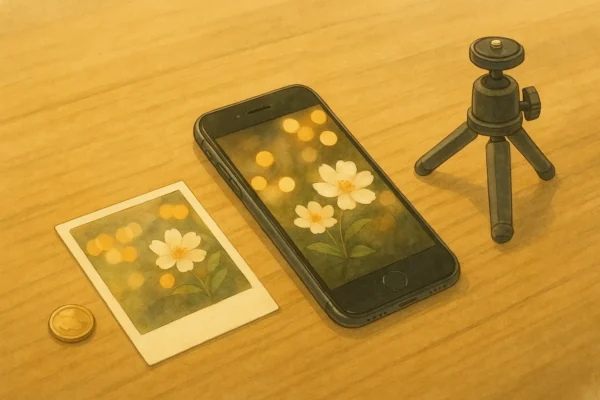 被写体ボケの小写真とスマホを並べた静物